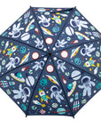 Parapluie Espace en polyester Little L vu de dessus, astronautes et fusées sur fond bleu nuit