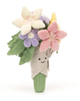 Peluche Amuseables Bouquet of Flowers Jellycat, de trois quarts, fleurs roses et violettes
