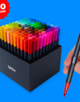 Box de 100 feutres double-pointe pinceau et extra fine OMY, 100 teintes, vue d'ensemble
