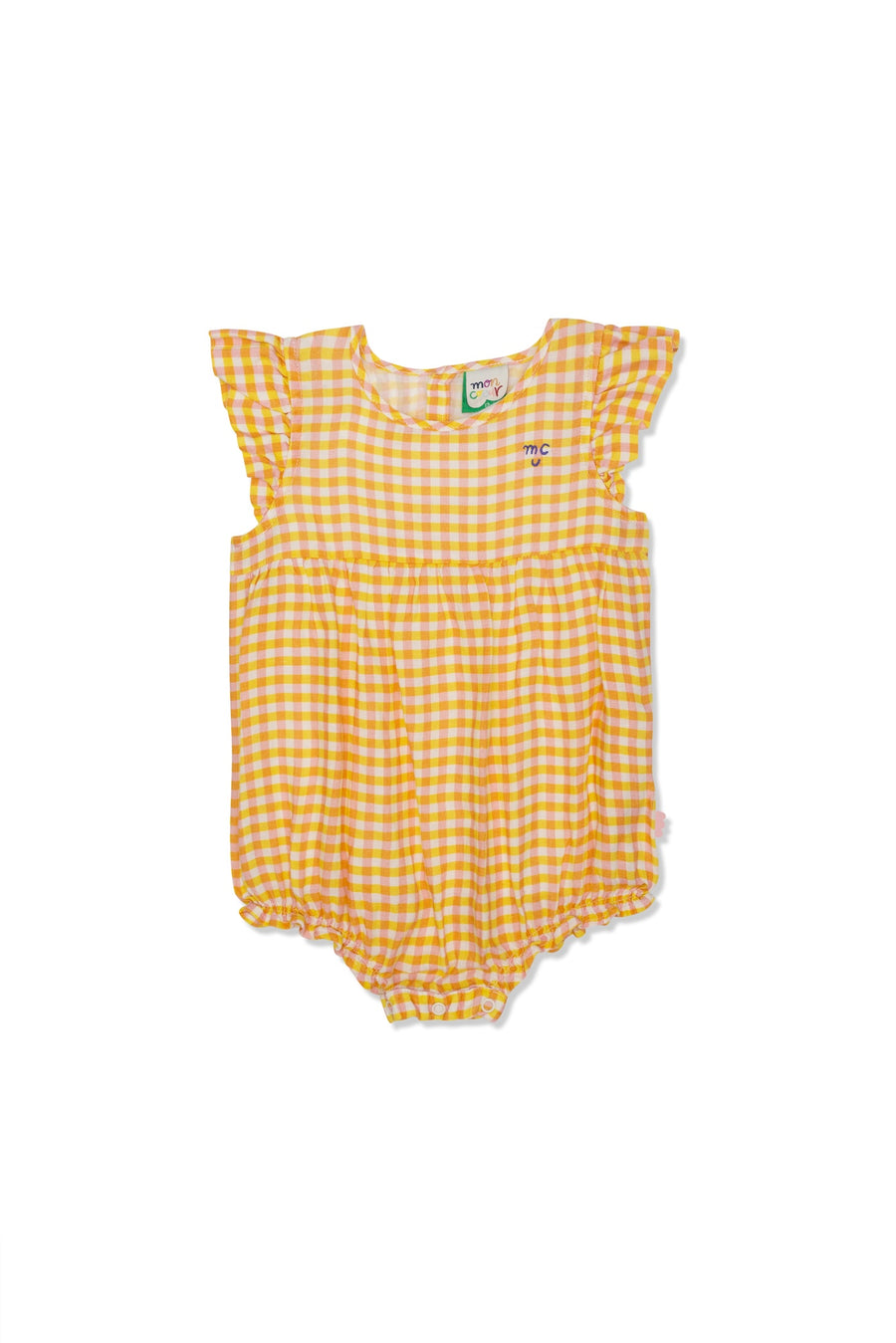 Gingham Flutter Baby Linen Romper Natural / Cyber Yellow