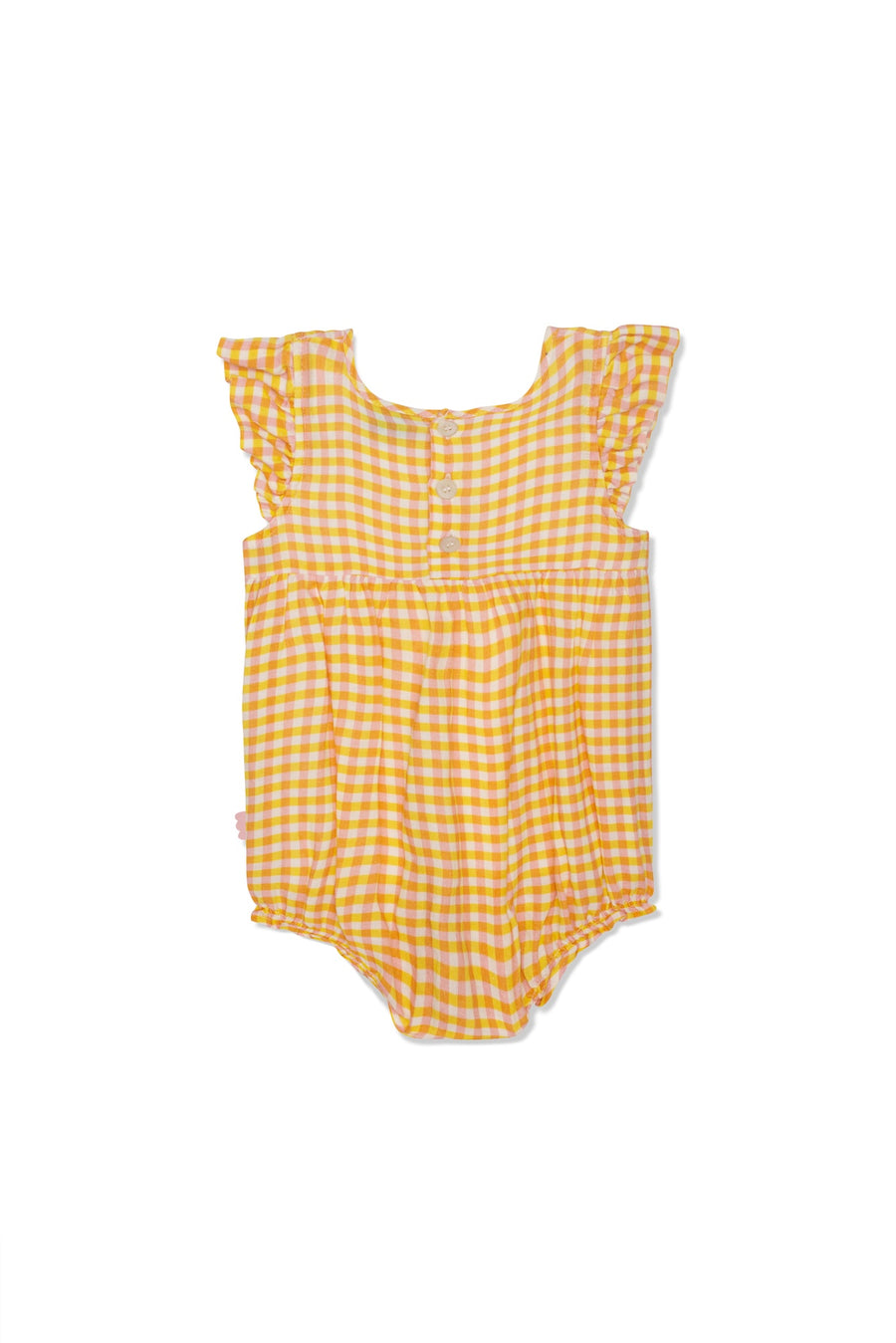 Gingham Flutter Baby Linen Romper Natural / Cyber Yellow