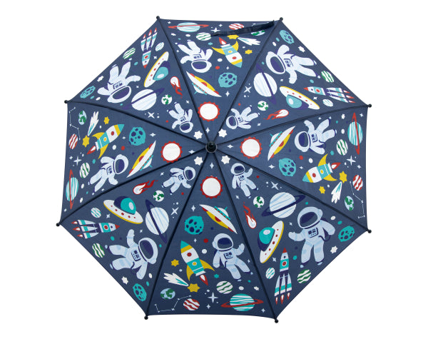 Parapluie Espace en polyester Little L vu de dessus, astronautes et fusées sur fond bleu nuit