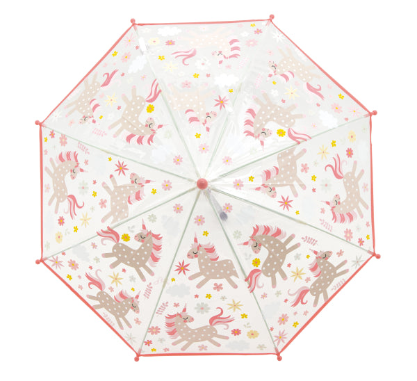 Parapluie transparent Little L vu de dessus, licornes, fleurs et étoiles sous le dôme