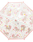 Parapluie transparent Little L vu de dessus, licornes, fleurs et étoiles sous le dôme
