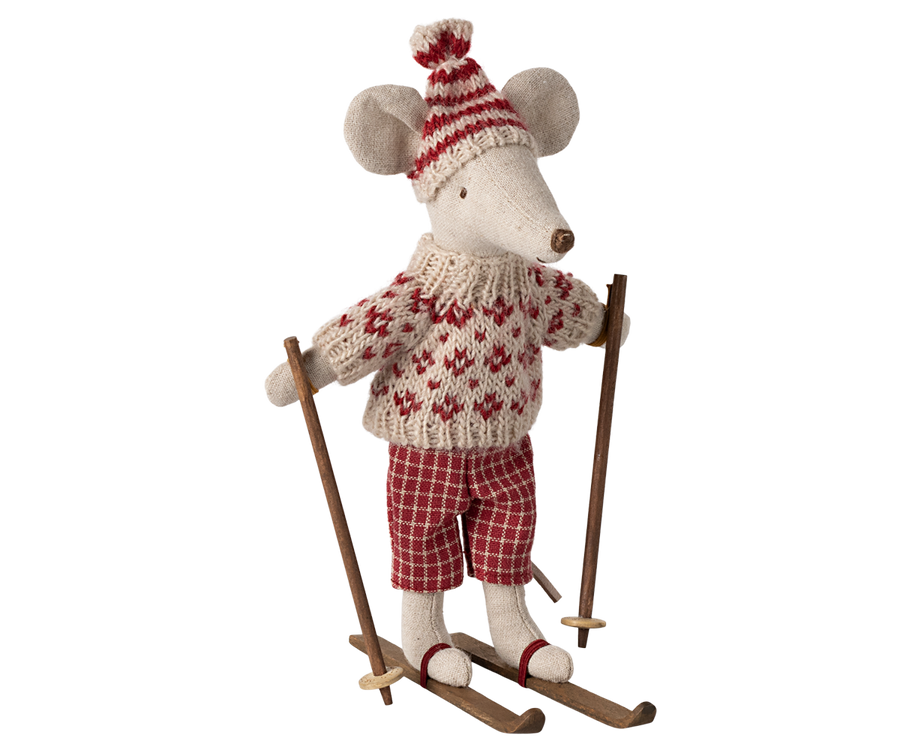 Souris en hiver et sa paire de skis, Maman - Rouge