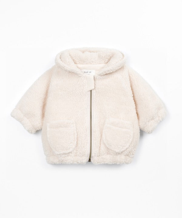 Manteau bébé en fourrure beige Play Up Sketches, capuche, zip frontal et doublure en maille