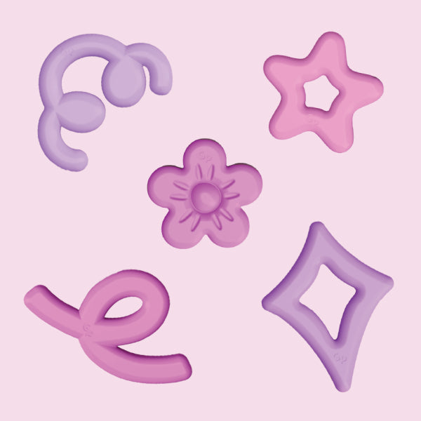 Fillers en silicone roses et violets Glo Pals, fleur, étoile, losange et boucles pour jouer dans le bocal