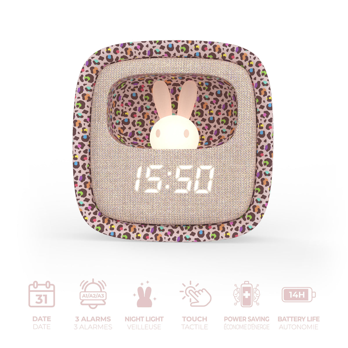 Réveil veilleuse Billy Clock Rainbow Leopard pour enfant MOB, petit lapin en silicone souple qui abrite la veilleuse
