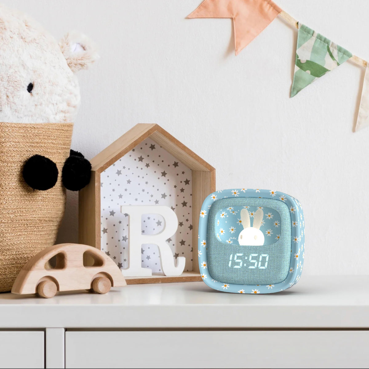 Réveil veilleuse Billy Clock Blue Flower pour enfant MOB, petit lapin en silicone souple qui abrite la veilleuse