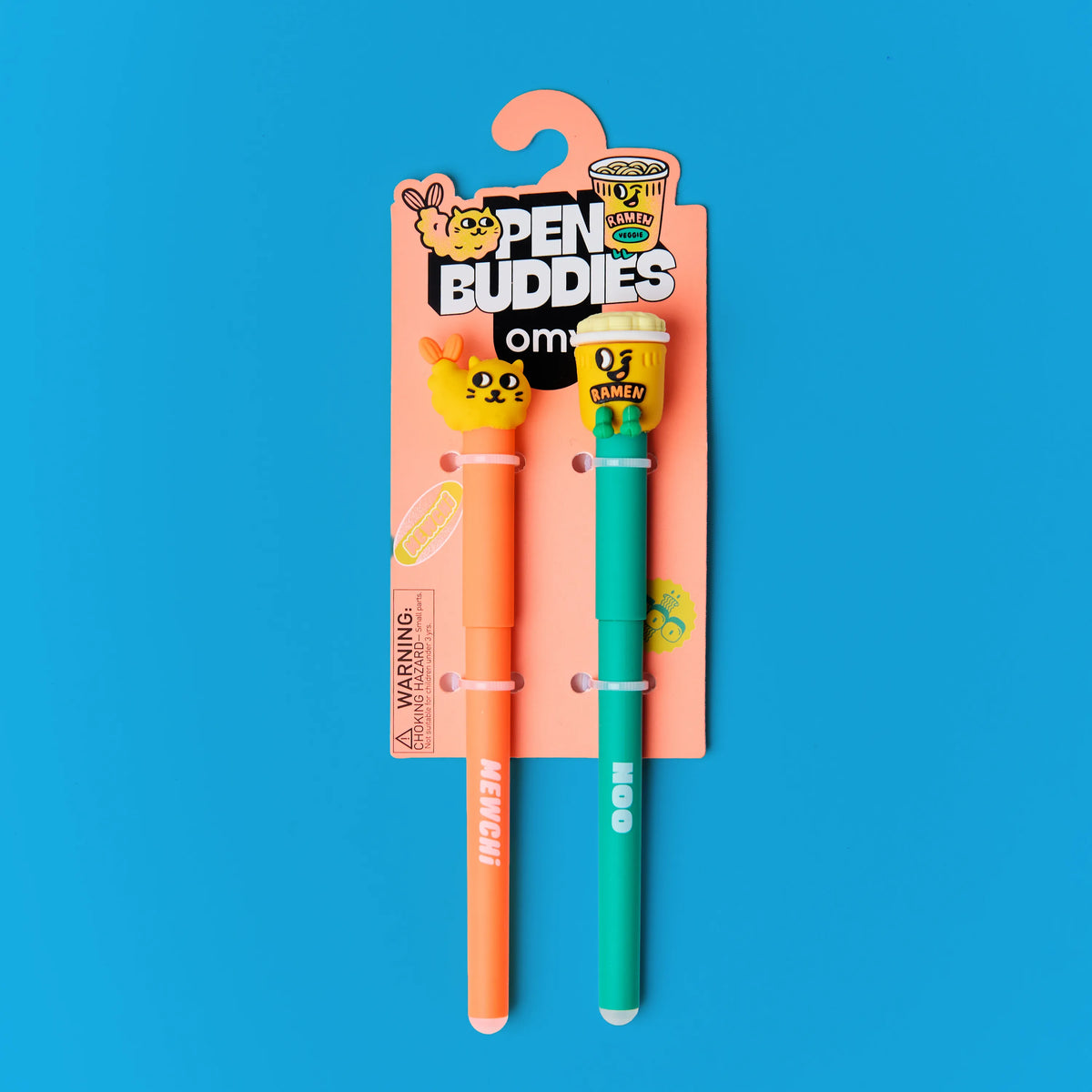 Duo de stylos effaçables Pen Buddies Mewchi et Noo OMY, vue d'ensemble