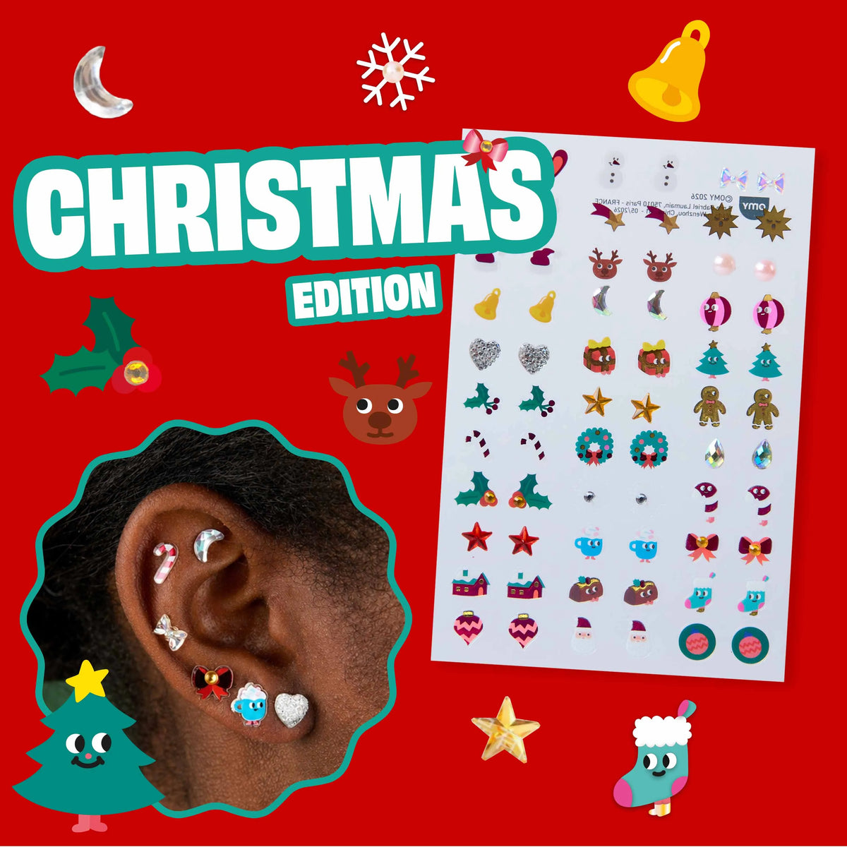Boucles d'oreilles autocollantes de Noël OMY, rennes et sapins pour enfant, détail du contenu