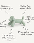 Jouet de dentition bébé chien en silicone Mushie, schéma des dimensions de la figurine