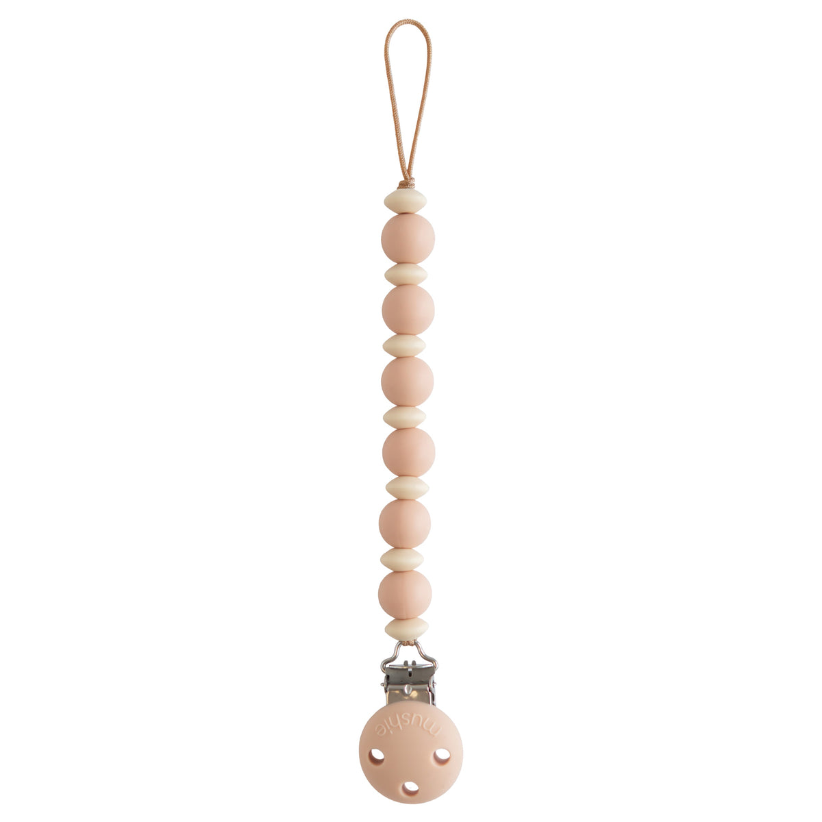 Attache-tétine bébé Luna Blush rose poudré Mushie, pince en silicone et perles rondes