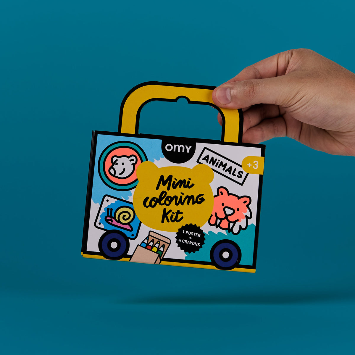 Mini kit de coloriage animaux OMY avec poignée et 4 crayons de cire, détail du contenu