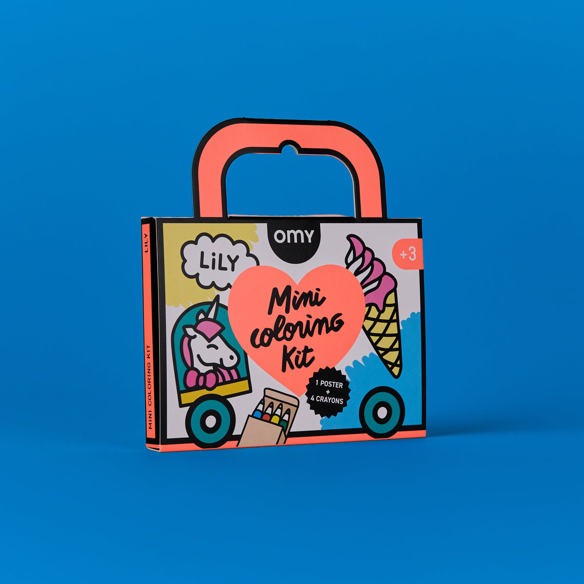 Mini kit de coloriage licorne Lily OMY avec poignée et 4 crayons de cire, mise en situation
