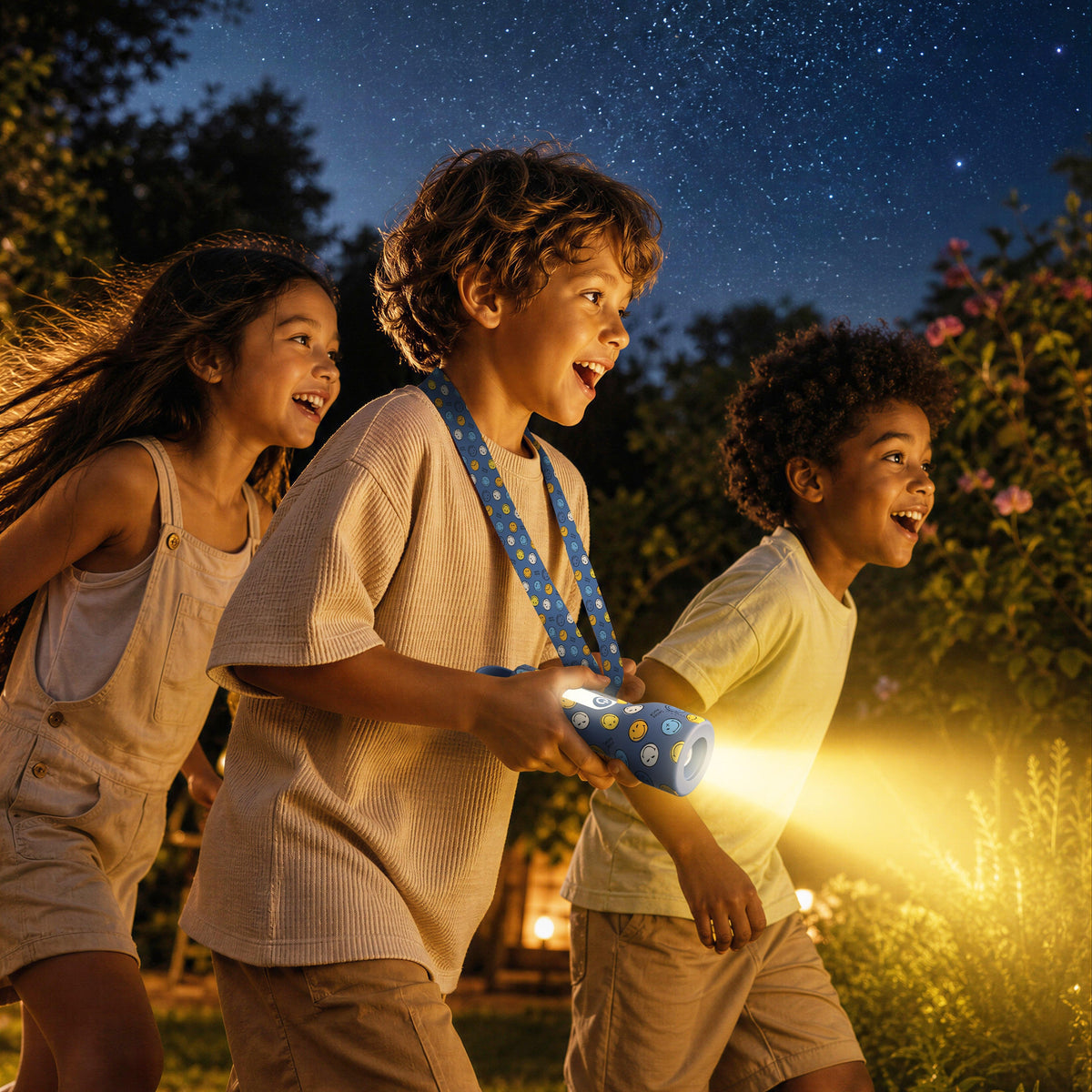 Lampe veilleuse Smiley Glowy Smiley Bleu pour enfant MOB, mousqueton intégré pour l'accrocher