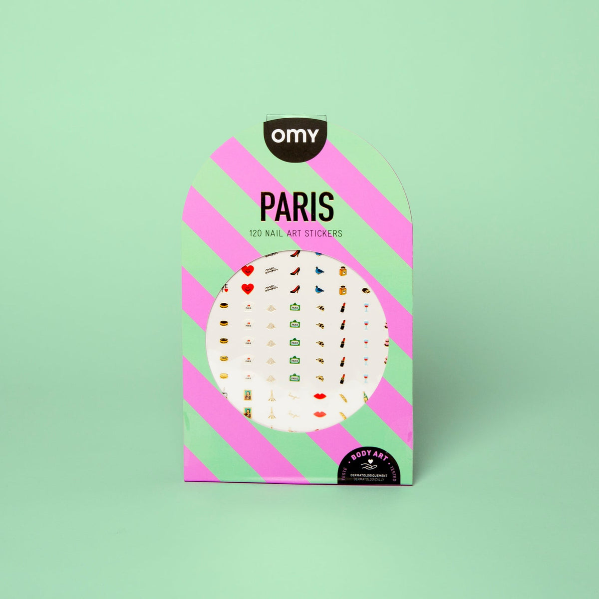 Stickers de nail art Paris fluo OMY, 120 motifs repositionnables, vue d'ensemble