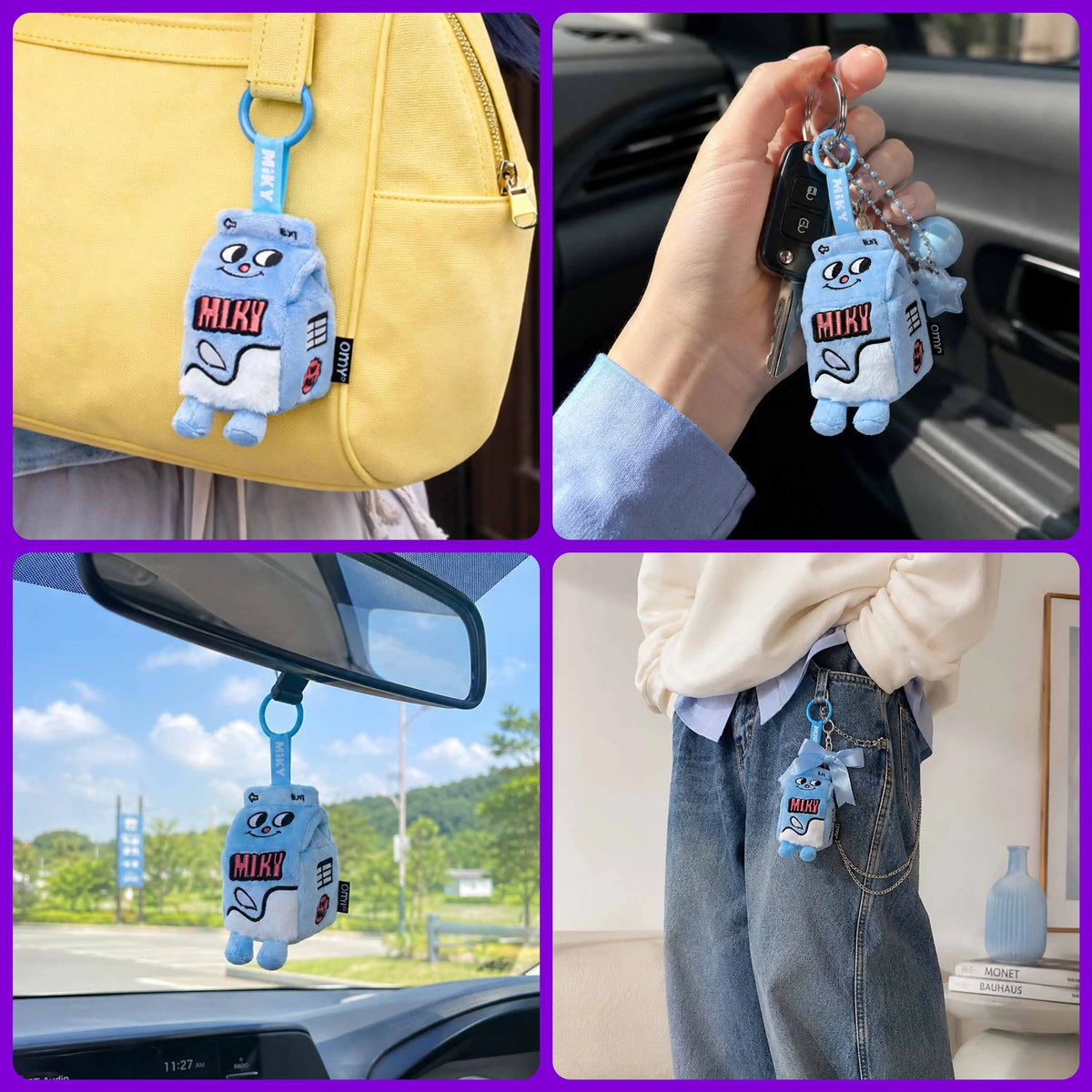 Porte-clés peluche Miky Sweet Buddies accroché à un sac, des clés, une voiture et un jean
