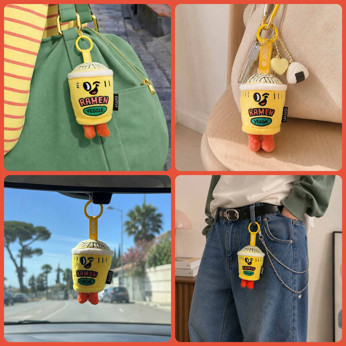 Porte-clés peluche Noo Sweet Buddies accroché à un sac, des clés, une voiture et un jean