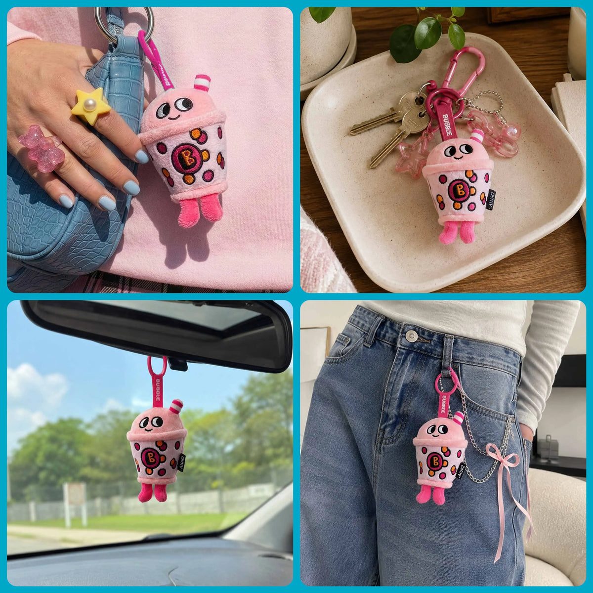 Porte-clés peluche Bubble Sweet Buddies accroché à un sac, des clés, une voiture et un jean