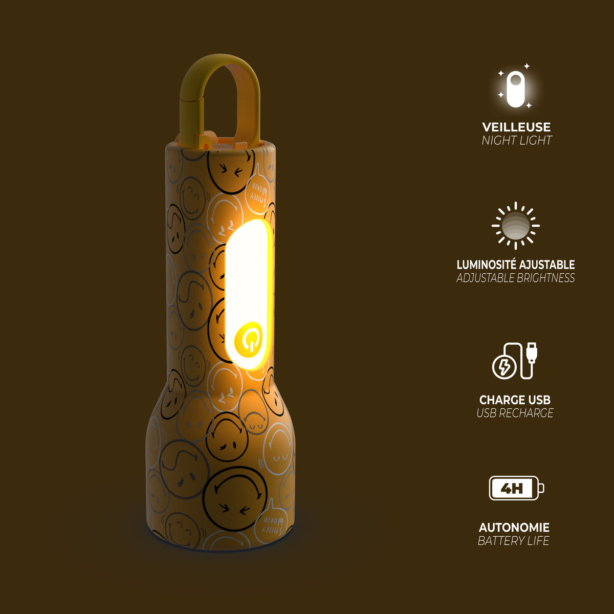 Lampe veilleuse Smiley Glowy Smiley Jaune pour enfant MOB, silicone souple doux au toucher