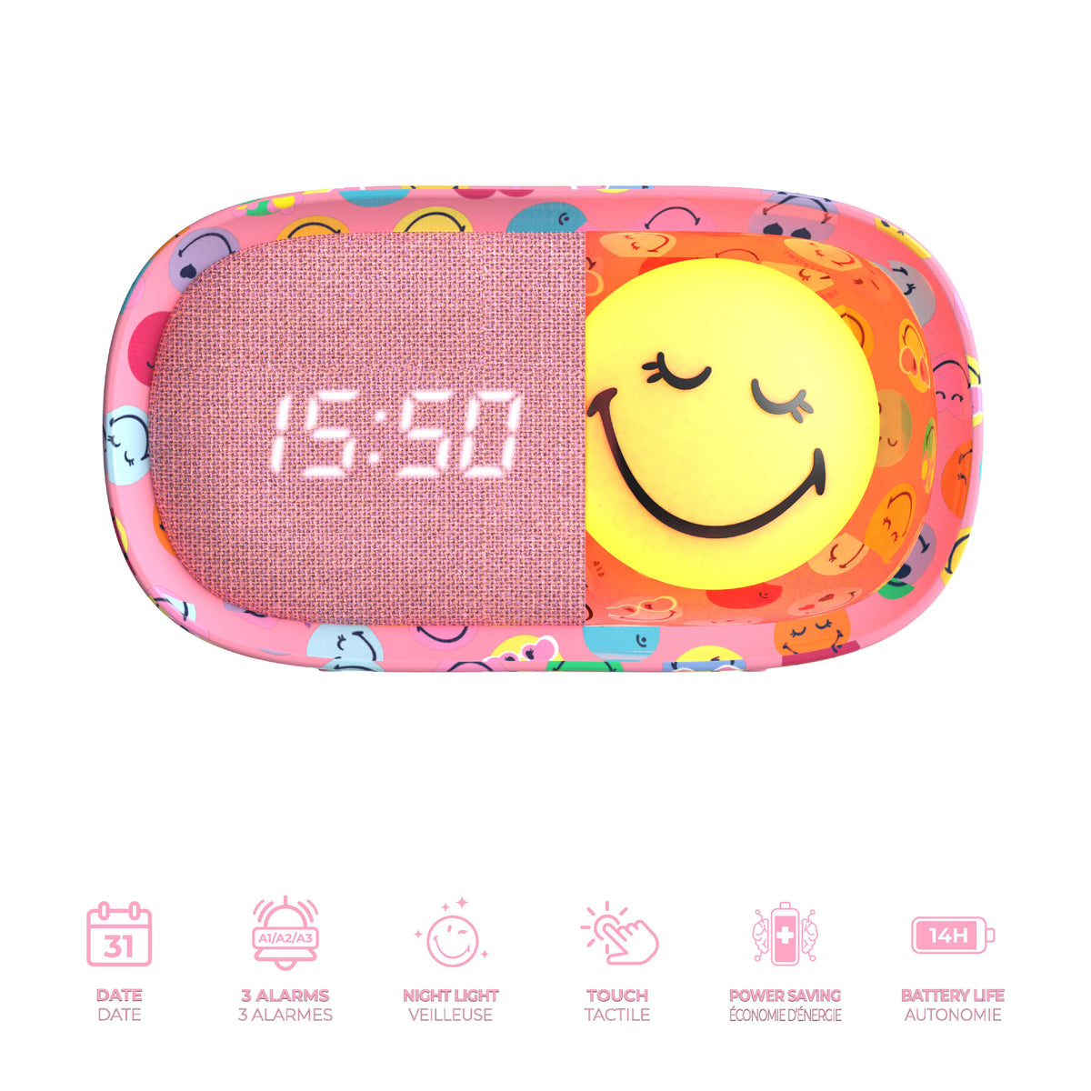 Réveil veilleuse rose pour enfant Dreamy Clock Smiley World MOB, vue 3