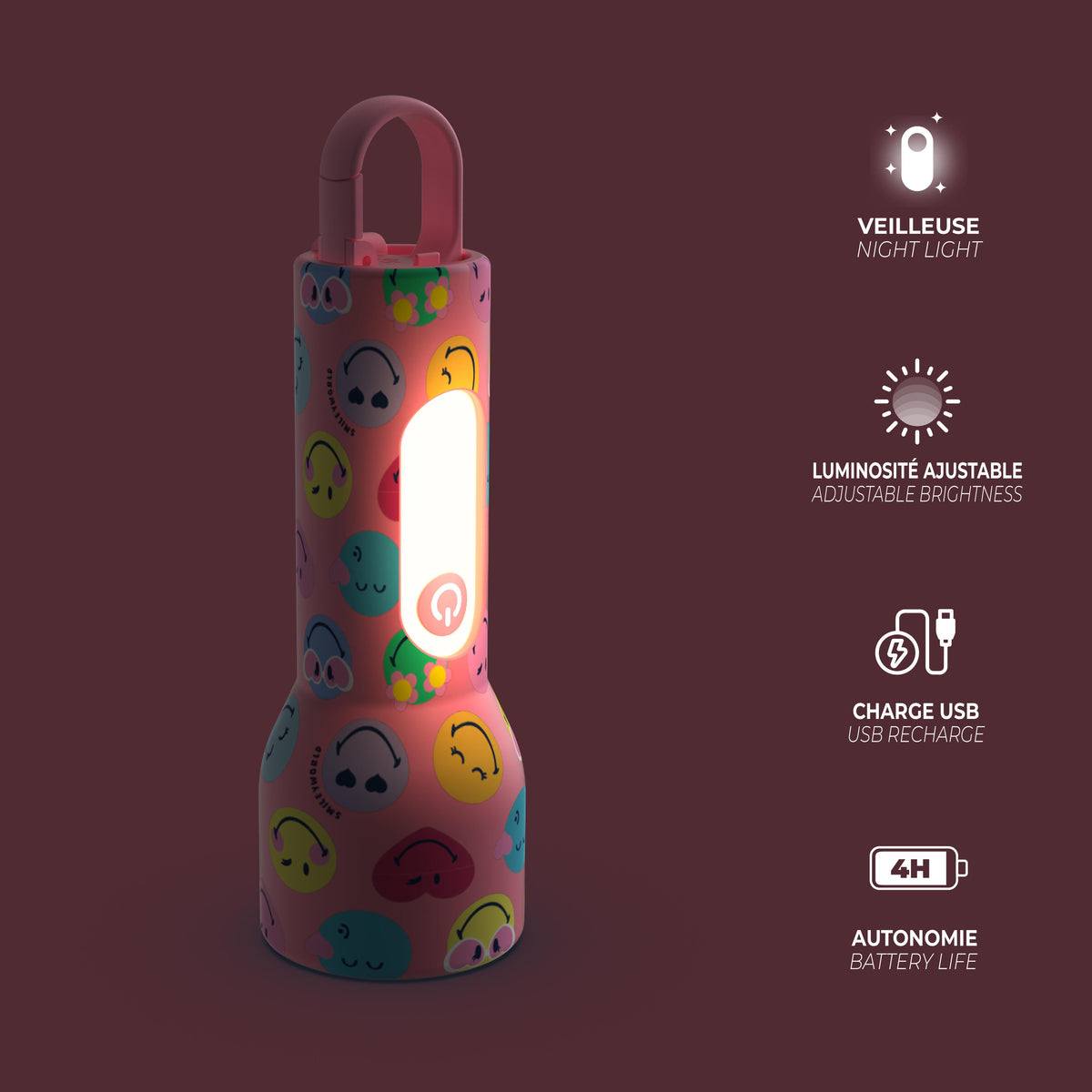 Lampe veilleuse Smiley Glowy Smiley Rose pour enfant MOB, silicone souple doux au toucher