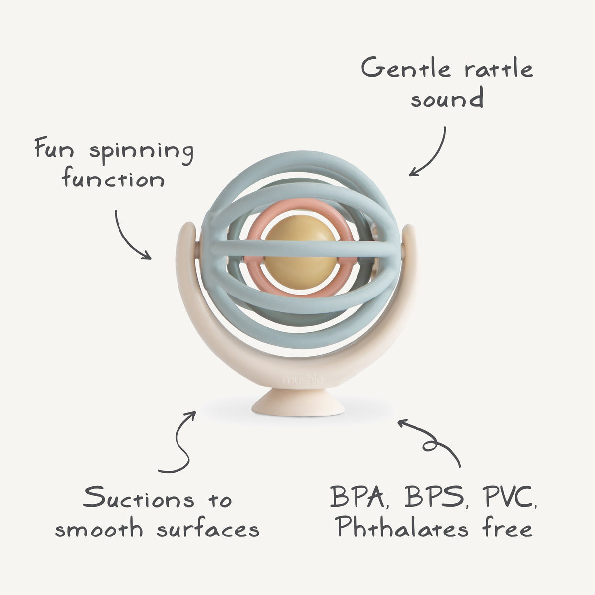 Jouet d'éveil bébé balle à ventouse Suction Spinner Mushie, schéma de fixation et de rotation