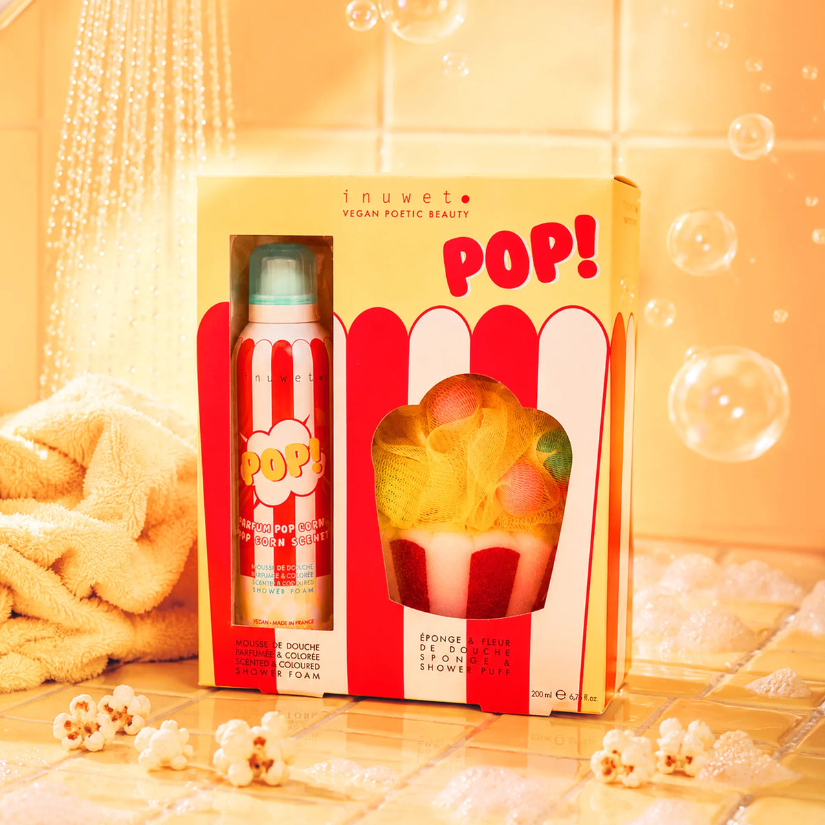 Mousse de douche chantilly parfum pop-corn Inuwet, cadeau fun pour la soirée pyjama