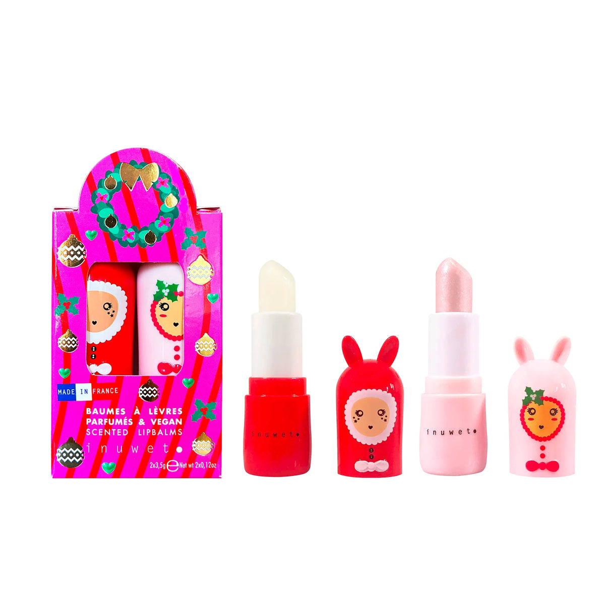 Duo baumes à lèvres enfant mangue et sucre d'orge Inuwet Angel Kiss, coffret de Noël