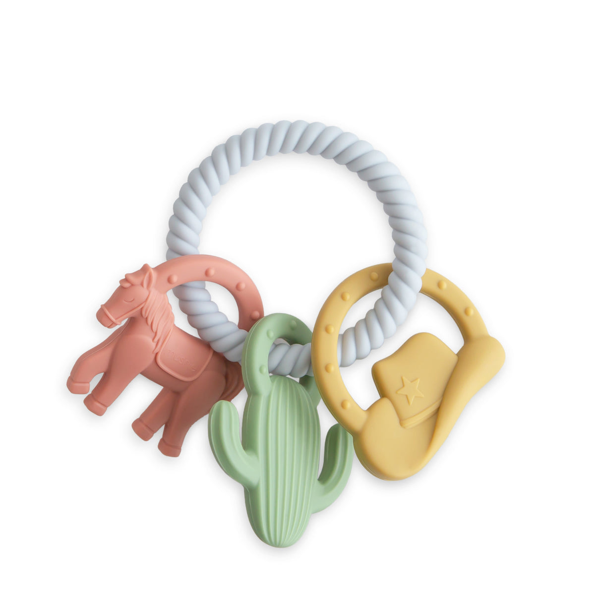 Anneau de dentition bébé silicone thème western Mushie, anneau texturé thème cow-boy