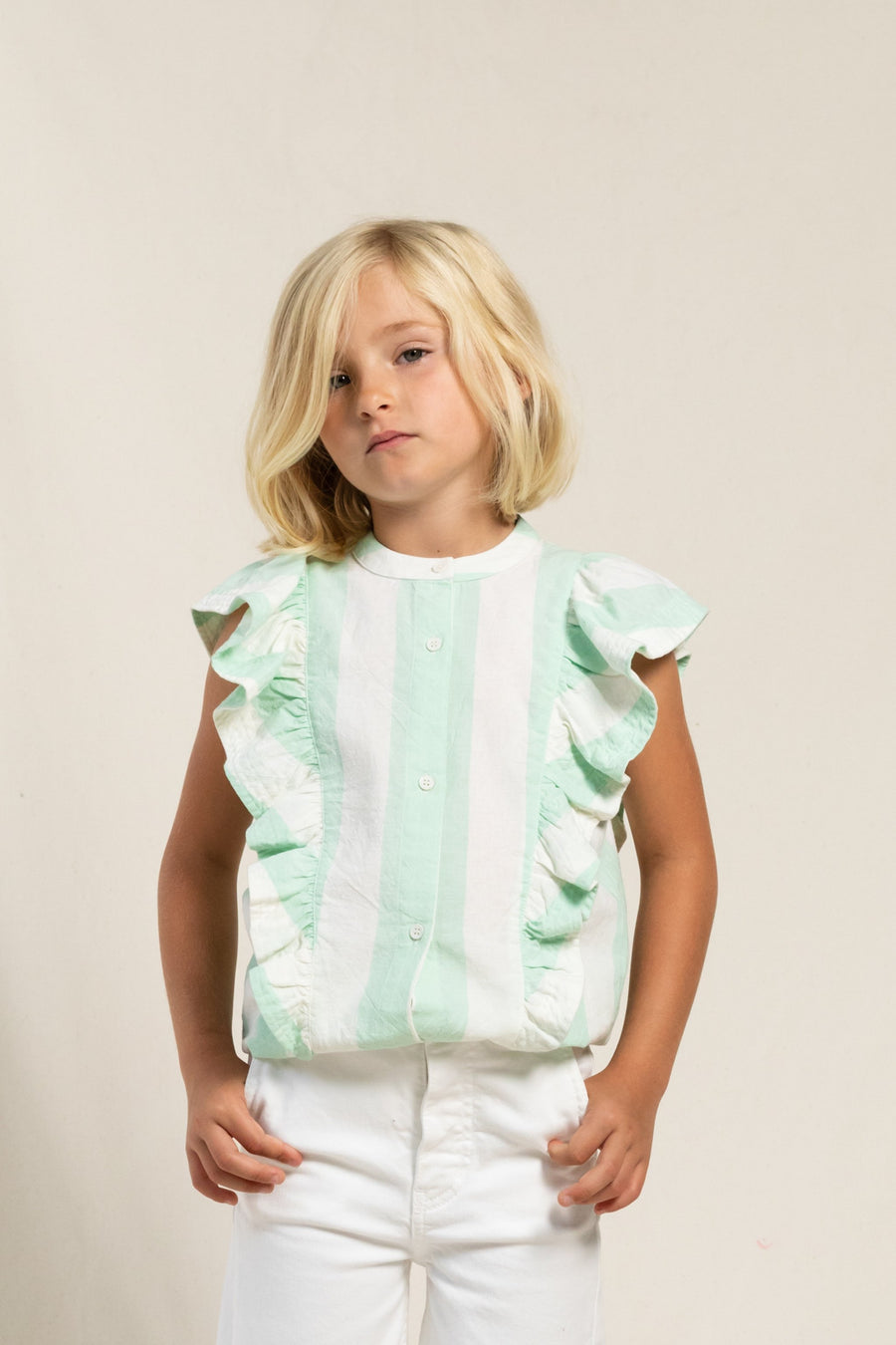 Finger in the Nose - Tops - WINGER Milky Mint Stripes - Sleeveless Flounced Top